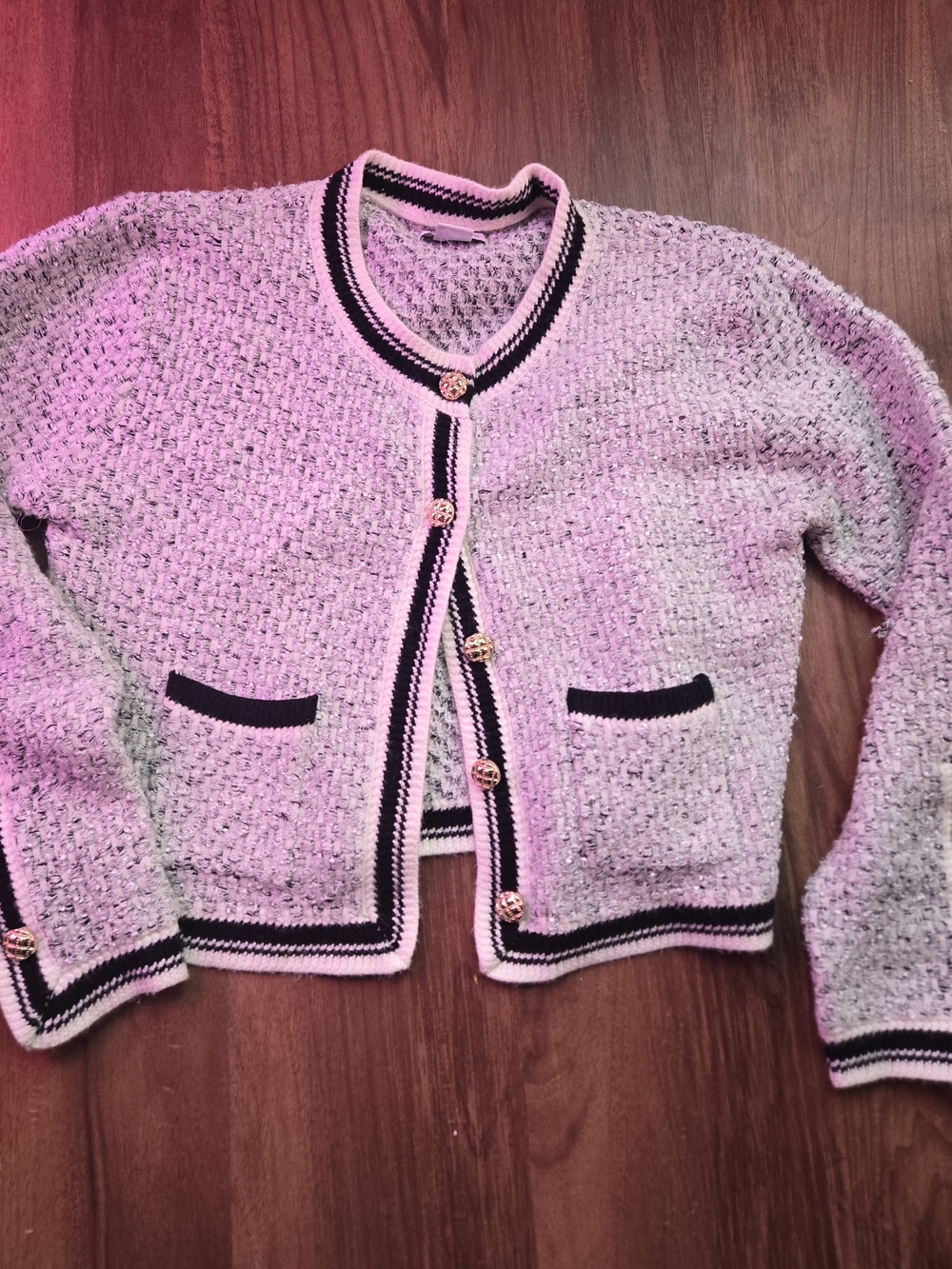 White Black Tweed Button-Front Sweater Gold Botton Urban Revivo Xl